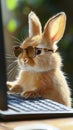 funny rabbit wearing glasses coding on computer with focused expression