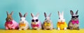 Funny rabbits or bunny in suits and tie, on color backgroud in row. Fancy rabbit banner