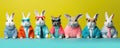 Funny rabbits or bunny in suits and tie, on color backgroud in row.Fancy rabbit banner