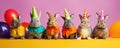 Funny rabbits or bunny in suits and tie, on color backgroud in row. Fancy rabbit banner
