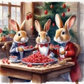 Funny rabbits eat berries and nuts