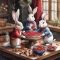 Funny rabbits eat berries and nuts