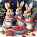 Funny rabbits eat berries and nuts