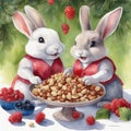 Funny rabbits eat berries and nuts