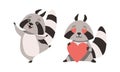 Funny Raccoon Animal Character with Striped Tail Dancing and Holding Red Heart Vector Set Royalty Free Stock Photo