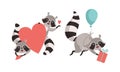 Funny Raccoon Animal Character with Striped Tail Flying with Balloon and Gift Box and Holding Heart Vector Set Royalty Free Stock Photo