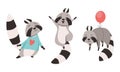 Funny Raccoon Animal Character with Striped Tail Jumping with Joy and Flying with Toy Balloon Vector Set Royalty Free Stock Photo