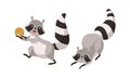 Funny Raccoon Animal Character with Striped Tail Jumping and Stealing Hamburger Vector Set Royalty Free Stock Photo