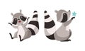 Funny Raccoon Animal Character with Striped Tail Sitting with Star Vector Set Royalty Free Stock Photo