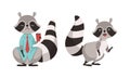 Funny Raccoon Animal Character with Striped Tail in Tie Holding Coffee Cup and Tiptoeing Vector Set Royalty Free Stock Photo