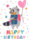 Funny raccoon. Birthday greeting card. Cartoon animal with present box and balloon. Holiday gift. Anniversary