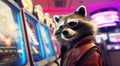 Funny raccoon in stylish outfit and glasses in front of slot machines at the casino. Vegas Games Background. Online