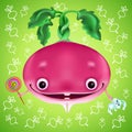 Funny radish cartoon character with lollipop and teddy hare