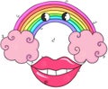 Funny rainbow face with pink lips and clouds
