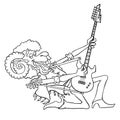 Funny ram is a rock musician. Vector contour illustration isolated on white. Cartoon ram plays the electric guitar