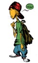 Funny rapper boy cartoon. Handdrawn illustration of hip-hop boy wearing baggy pants and snap back cap