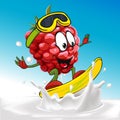 Funny raspberry cartoon surfing on milk splashing wave