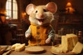 Funny rat with cheese on wooden table in kitchen, closeup. Anthropomorphic mouse, animal character