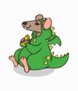 Funny rat in dinosaur costume and piece of cheese in paws. Color vector illustration. Image isolated on white background