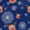 Funny reaindeer face on snowflakes winter holiday background. Cute hand drawn christmas illustration Royalty Free Stock Photo