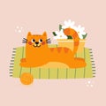 Funny red cat is lying on the rug in the apartment with ball of wool and flowers. Happy cat character. Vector Hand drawn Royalty Free Stock Photo