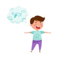 Funny Red Cheeked Boy Standing and Dreaming about Airplane Vector Illustration