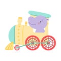 Funny Red Cheeked Hippo Riding on Train Vector Illustration