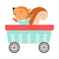 Funny Red Cheeked Squirrel Riding on Carriage Vector Illustration