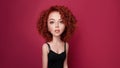 Funny red curly girl with big head and funny hairstyle. Caricature stylization of female logic