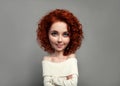 Funny red curly girl with big head and funny hairstyle. Caricature stylization of female logic