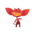 Funny red devil with little horns, big ears and tail with arrow tip end. Cartoon fictional character with joy face