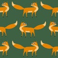 Funny red fox with big eyes on a green background.  Forest animal seamless pattern. Royalty Free Stock Photo