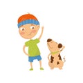 Funny red-haired kid doing sports exercises with his dog. Morning daily activity. Little boy and his pet. Cartoon child Royalty Free Stock Photo