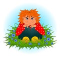 Funny red man sits in a clearing with flowers
