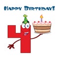 Funny Red Number Four Cartoon Mascot Character Holding Up A Birthday Cake