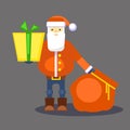 Funny red orange santa claus with bag and gift. Present for you. Vector. Christmas greeting card or poster.