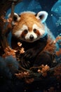Funny red panda in flowers. Created with Generative AI