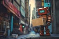 Funny red robot with rectangular head holds cardboard box in hands. Cute machine with blue eyes for delivery of goods stands Royalty Free Stock Photo