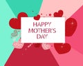 Funny red shining sparkling hearts. Green, pink and red background. Happy Mother`s Day greeting card