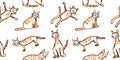 Funny red tabby cat seamless pattern. Wax crayon like child`s hand drawn cute kitten clip art set.