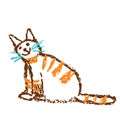 Funny red tabby sitting smiling cat. Wax crayon like child`s hand drawn cute kitten art.