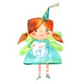 Funny redhead cute girl tooth fairy holding white dental watercolor hand drawn illustration