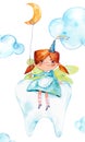 Funny redhead cute girl tooth fairy holding white dental watercolor hand drawn  illustration Royalty Free Stock Photo