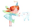 Funny redhead cute girl tooth fairy say hello to little tooth. Watercolor hand drawn illustration. Fantasy butterfly