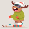 Funny Reindeer are engaged in winter sports. Skiing. Vector cartoon illustration