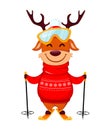 Merry Christmas. Funny reindeer goes skiing