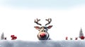 funny reindeer peeking his head out from behind a snowy wall