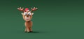 Funny reindeer with Santa Claus hat on green background. Holidays are coming concept with copy space 3d render Royalty Free Stock Photo