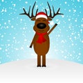 Cartoon funny reindeer in a scarf for christmas smiling in the forest