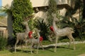 Funny reindeers with red bows near house. Festive outdoor Christmas decoration